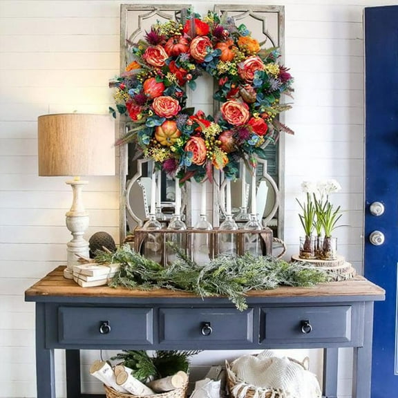 12" Fall Peony and Pumpkin Wreath - Autumn Front Door Wreath Thanksgiving Wreath for Home Farmhouse Decor and Festival Celebration