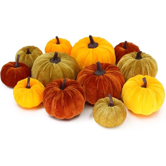 12 Faux Flocked Pumpkins, Perfect for Fall Harvest, Halloween, or Thanksgiving Table Centerpieces(12, Orange, Yellow, and Crimson)