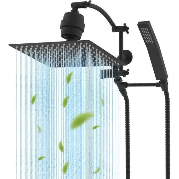 12'' Filtered Rainfall Shower  with Handheld Combo, High  Shower Wand, 16'' Adjustable Extension Arm, 20 Stage Shower Filter, 71'' Hose, Shower Holder, Matte Black
