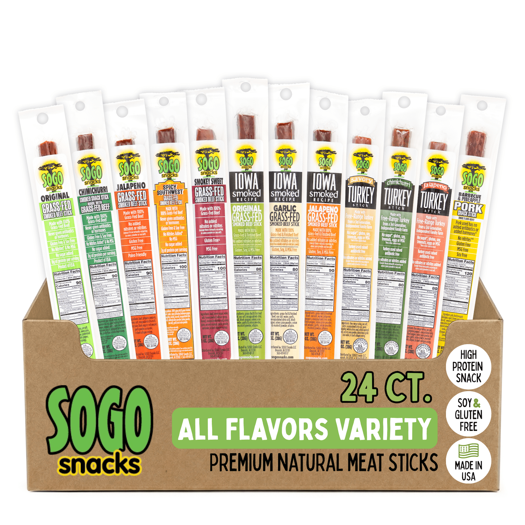 Sogo Snacks Meat Sticks 12 Flavor Variety Pack Ketogenic 24-Count 1-oz