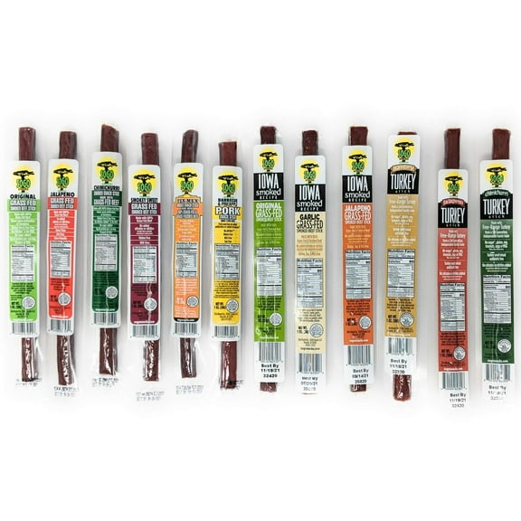 12 Flavor Variety Meat Sticks. No Added Nitrates, Gluten, Soy, MSG, Dairy, Nuts. 8 Grass-fed Beef Flavors, 3 Free-range Turkey Flavors & 1 Natural Pork Flavor (1 of Each, 144-cnt, 1-oz Stick)