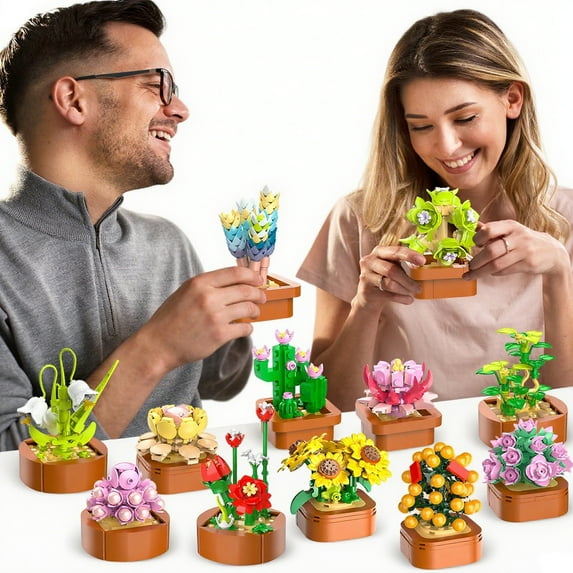 12 Flowers Succulents Mini Building Set, 1403PCS Bonsai Building Blocks Gifts Toys for Office Home Kids Adults