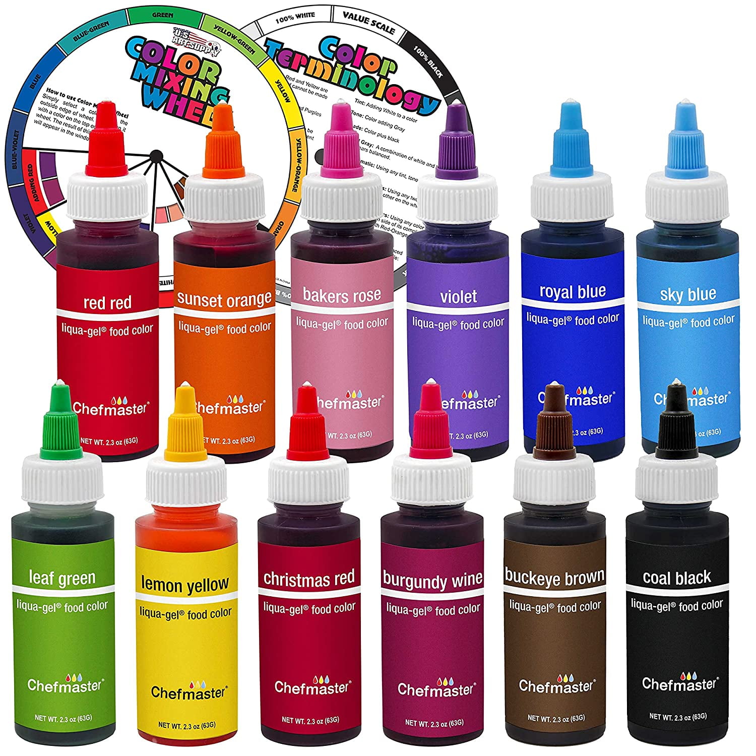 12 Food Color 2.3Ounce LiquaGel Cake Food Coloring Variety Pack with