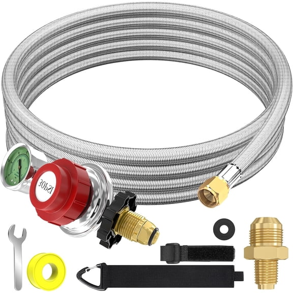 12 Foot 0-30 PSI High Pressure Adjustable Propane Regulator with Gauge 0~60PSI Gas Flow Indicator, Gas Cooker 3/8inch Female Flare Fitting, Stainless Steel Braided Hose and Gas Grill LP Regulator