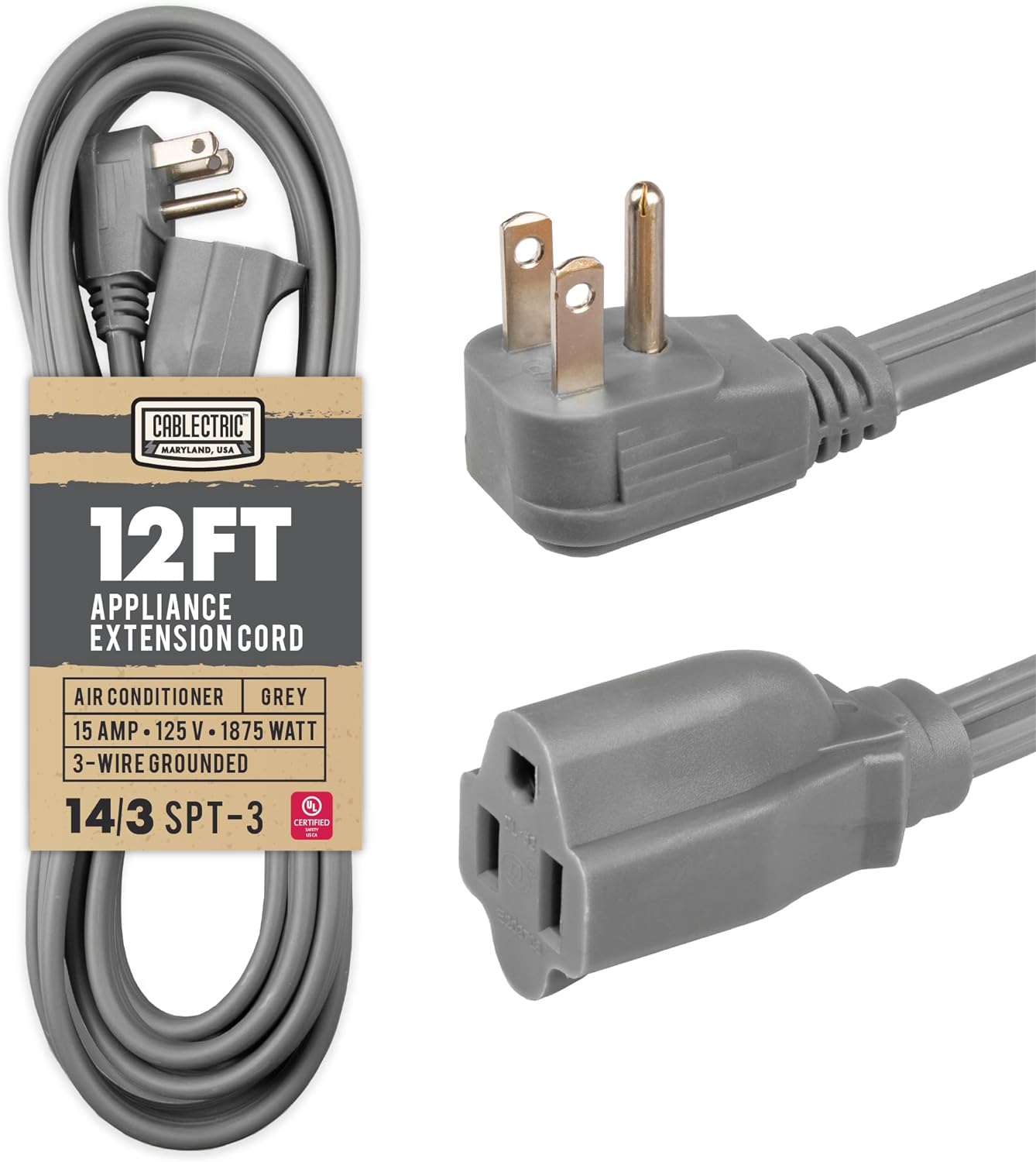 12 Foot Appliance Extension Cord, Gray 14 Gauge 3 Prong SPT3 Heavy