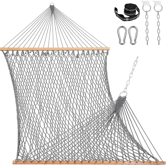 12 Foot Double Rope Two Person Cotton Hammock with Spreader Bar Carabiner Tree Strap Chain Light Grey