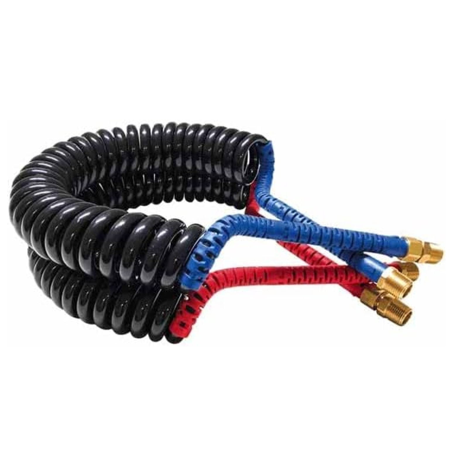 12 Foot Kink-Repairing 40MM Diameter Air Brake Coiled Hoses with Blue and Red Grips - Pair