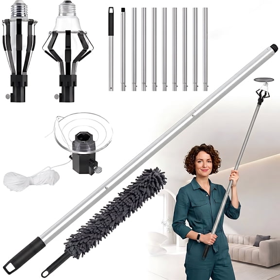 12-Foot Light Bulb Changer for High Ceilings, Adjustable Extension Pole with Suction Cup and Attachment Kit for Recessed Lights, Flood Lights, and Baskets, Safe Household Bulb Removal Tool