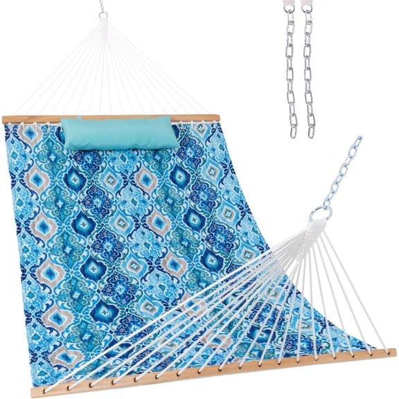 12 Foot Quilted Polyester Two Person Hammock with Spreader Bar and Pillow, 450 lb Capacity, Floral Aqua