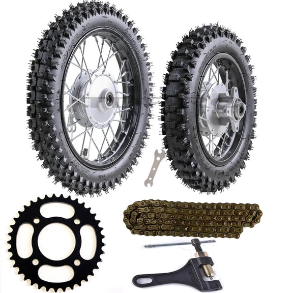 12 Front Wheel 60/100-12 & 10 Rear Wheel 80/100-10 Tire Rim and 420 Chain Sprocket Drum Brake for Dirt Pit Bike 50cc 70cc 90cc 110cc 125cc CRF50 XR50 Motorcycle