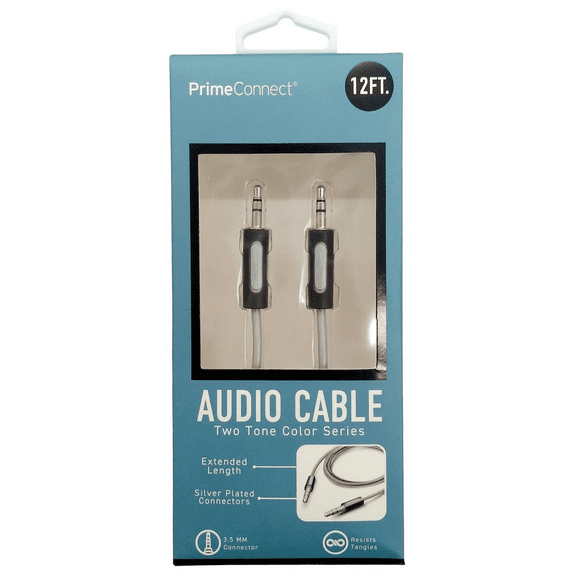 12 Ft 3.5mm Heavy Duty Audio Aux Cable, Silver Plated Connectors for Clear Sound, Tangle Resistant, Stylish Two Tone Design, Compatible with Phones, Laptops, Tablets, Car Stereos, Gray, Black