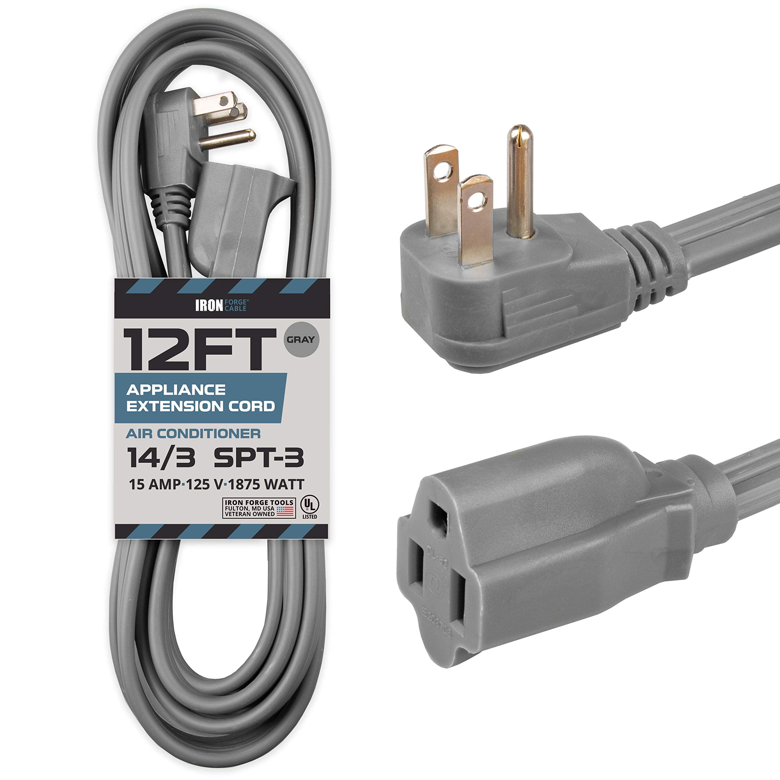Iron Forge Cable 12 ft Appliance Extension Cord Gray 14/3 Heavy Duty - Flat Plug & Flat Cable 15 Amp 3 Prong SPT-3 for Major Home Appliances, 14 AWG