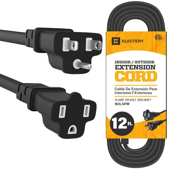 12 Ft Black Indoor Outdoor Extension Cord, Heavy Duty Flexible 16 AWG Power Cable, SJTW Waterproof Weather Resistant Wire, 3 Prong Grounded Wire, ELECTERY ETL Listed