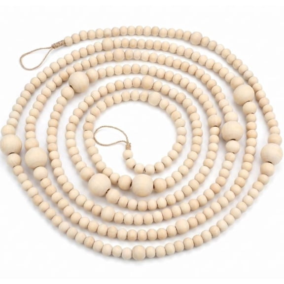 12 Ft Natural Wooden Beaded Garland, Farmhouse Boho Wall Hanging Decor for Christmas Tree & Holiday Home Use