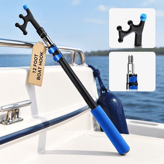12 Ft Pole With Boat Hooks 3-Stage Anodized Aluminum Telescoping Docking Accessory