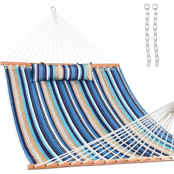 12 Ft Quilted Fabric Double Hammock with Spreader Bars and Detachable Pillow, 450 Lb Capacity, Beach Stripes