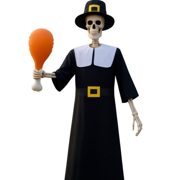 12 Ft Skeleton Pilgrim Thanksgiving Costume Set - Oversized Robe Hat Collar & Turkey Leg Prop for Outdoor Yard Halloween Decor