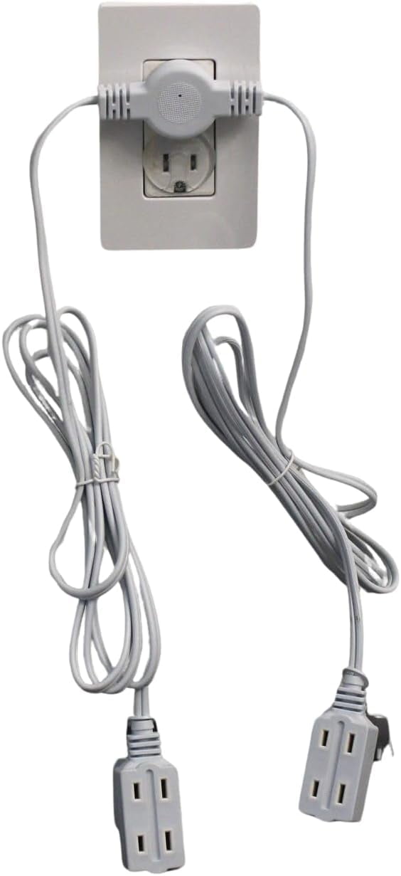12 Ft Twin Extension Cord - 6 Feet on Each Side, Multi Outlet 3 Prong USA Plug, Low Profile Wall Hugger Design - Perfect for Behind Bed and Furniture Double Splitter for Indoor Use, ETL Listed, White
