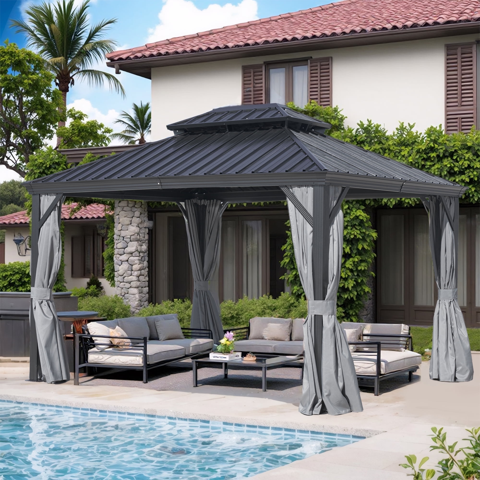 12 Ft. W x 16 Ft. D Outdoor Aluminum Hardtop Gazebo with Double Metal Roof and Curtains