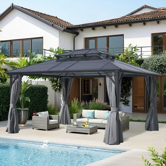 12 Ft. W x 16 Ft. D Outdoor Aluminum Patio Hardtop Double-Roofed Polycarbonate Gazebo