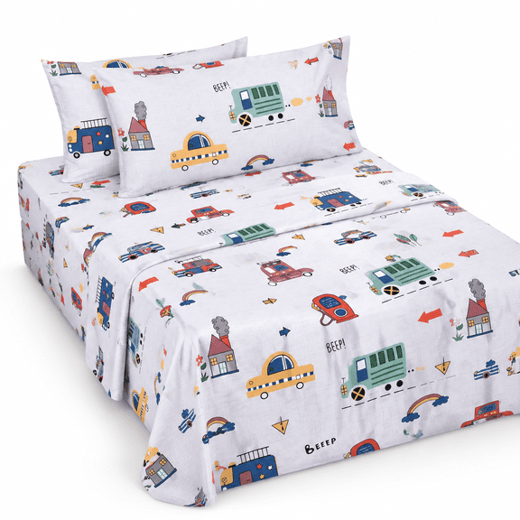 12-Full Size Cotton Traffic Transport Print Bedding Sheet Set