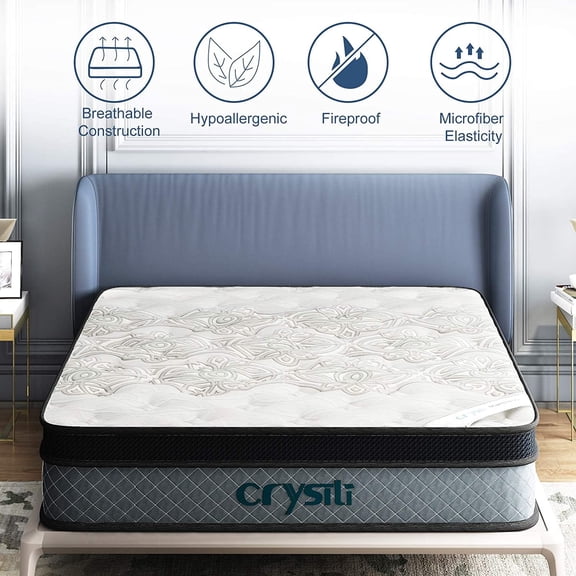 12" Full Size Memory Foam Hybrid Mattress Crystli Pocket Innerspring Mattresses in a Box with Pressure Relief Edge Supportive 100-Night Trial 10-Year Support