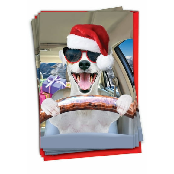 12 Funny Christmas Greeting Cards (1 Design, 12 Cards) - Santa Dog Driver