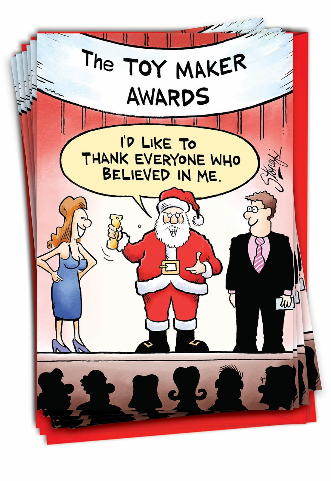 12 Funny Christmas Thank You Greeting Cards Bulk Set with 5 x 7 Inch Envelopes - Saint Nick Giving Award Acceptance Speech Onstage