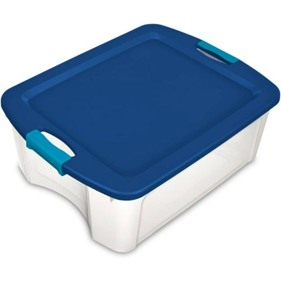12 Gal and Carry, Stackable Storage Bin with Lid, Plastic Container to Organize Closets, Clear with Blue Lid, 6-Pack