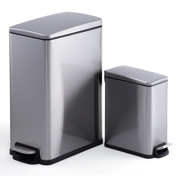 12 Gallon & 2.6 Gallon Step-On Indoor Bins with Soft Close Lids, Removable Inner Buckets, Fingerprint & Odor Resistant – Ideal for Kitchen, Bathroom, Home, Office
