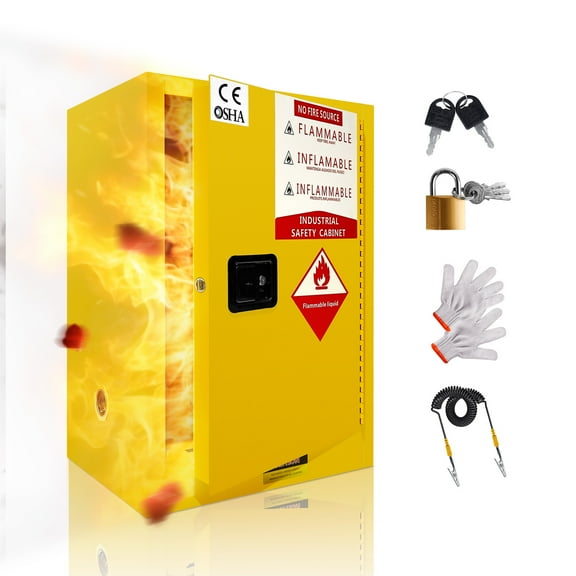 12 Gallon Flammable Liquid Storage Cabinet, 18.11 In x 23.23 In x 35.5 In, 1 cm Thickness Galvanized Steel, Adjustable Shelf Safety Storage Cabinet for Gasoline Storage, Yellow