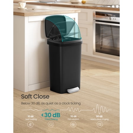 12-Gallon Kitchen Trash Can with Soft-Close Lid, Stainless Steel Pedal and Wheels, Odor Control, Compact Garbage Bin, Ink Black
