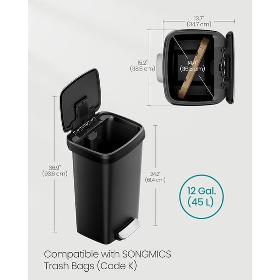 12-Gallon Plastic Kitchen  with Stainless Steel Lid, Soft Close Pedal Bin for Indoor Use