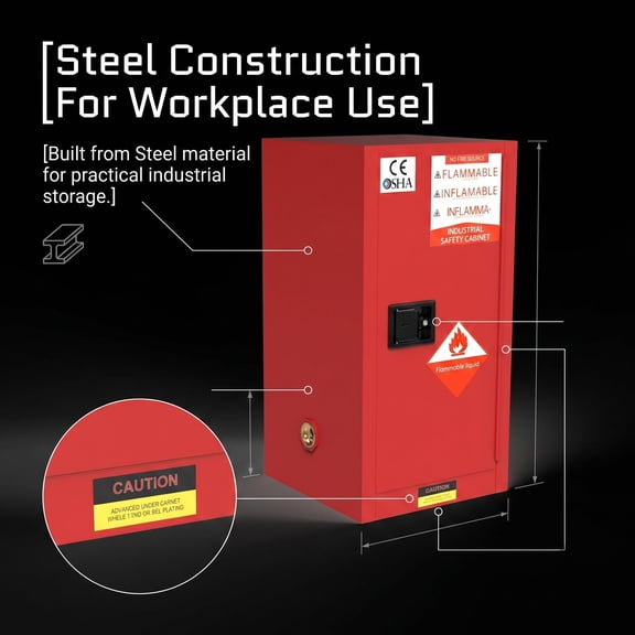 12 Gallon Red Compact Flammable Safety Cabinet, Double-Wall Steel Fire Cabinet for Lab & Industrial Use, Secure Storage for Flammable Materials