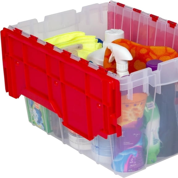 12 Gallon Storage Container, Nesting and Stackable Plastic Storage Box with Lid Attached, Clear Tote for Garages, Closets, and Moving, 21-1/2" x 15" x 12-1/2", Clear/Red