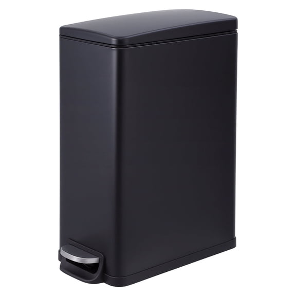 12 Gallon Trash Can with Soft Close Lid, Stainless Steel Step-On Garbage Can with Inner Bucket, Fingerprint Resistant, Space Saving Trash Bin for Kitchen, Bathroom, Office, Black