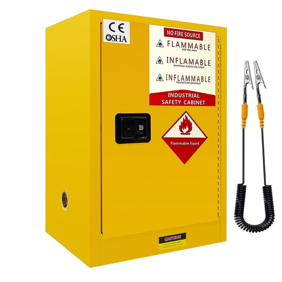 12 Gallon Yellow Fireproof Cabinet, Steel Safety Storage with Keys, Padlock, Gloves & Grounding Wire, for Garage Workshop
