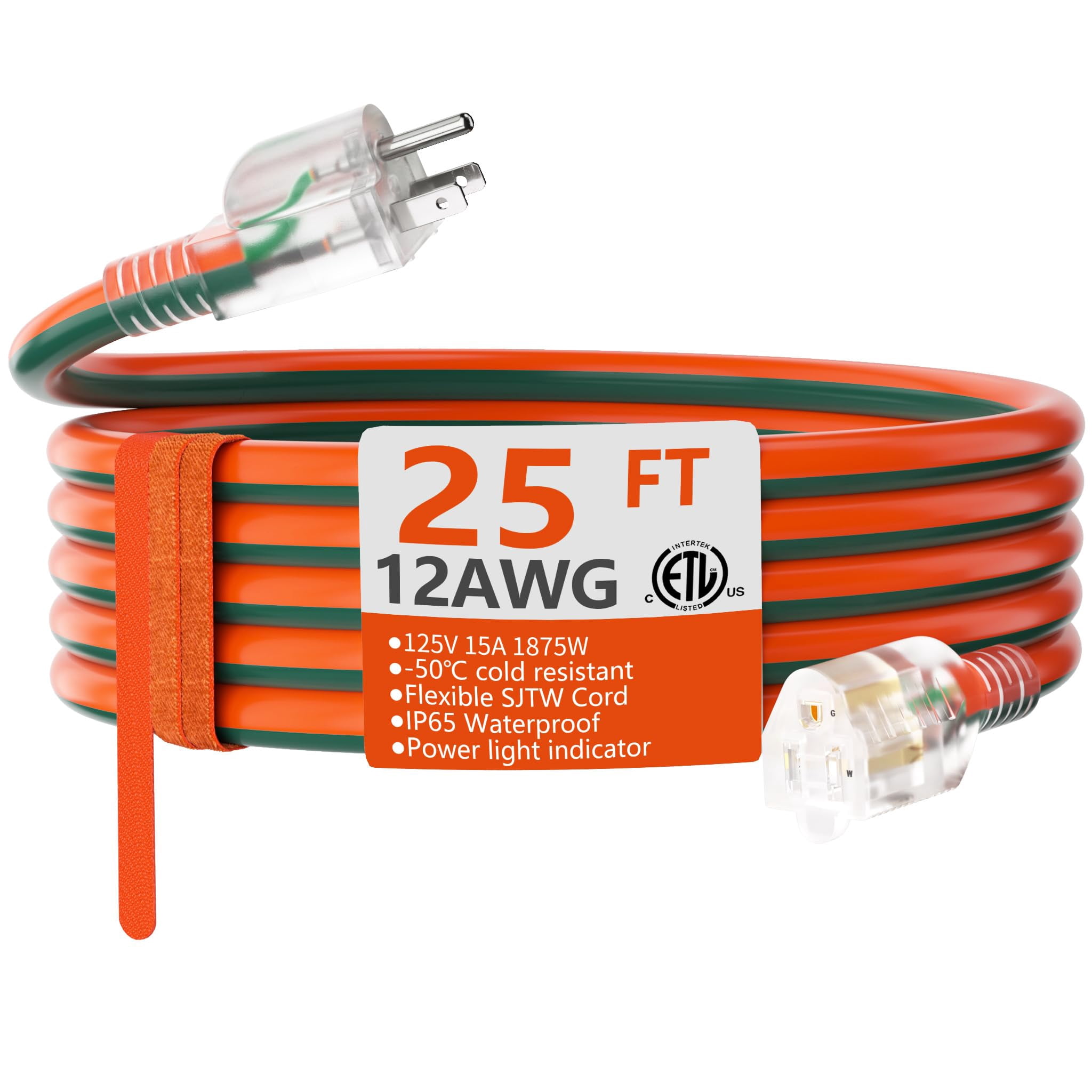 12 Gauge 25 Ft Outdoor Extension Cord With Lighted End  Heavy Duty Flexible Cold-resistant 3 Prong Electric Waterproof Outside 15amp 1875w 12awg Sjtw Orange Green Etl