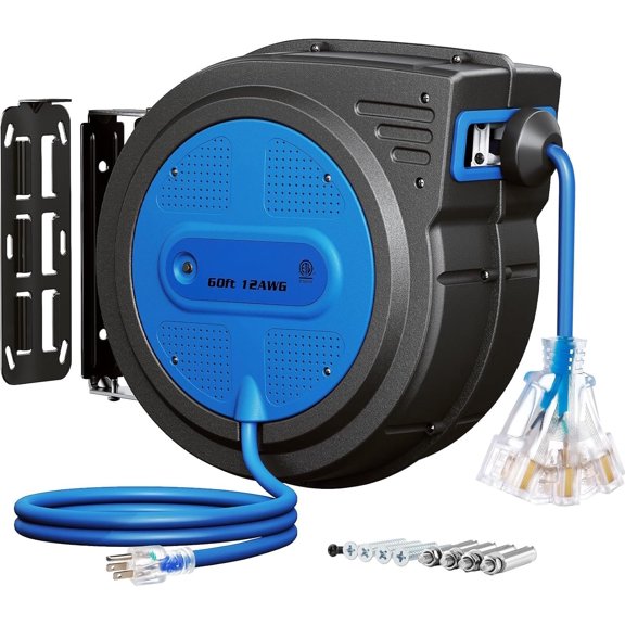 12 Gauge Extension Cord Reel, 60 FT Retractable Extension Cord, 12 AWG/3C SJTOW Heavy Duty Power Cord, 13 AMP Circuit Breaker, Lighted Triple Tap, Ceiling or Wall Mount, ETL Listed, Blue
