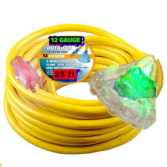 12 Gauge Power Extension Cord Heavy Duty Indoor/Outdoor 12 3 Extension Cord 25 ft 12/3 Triple Outlet 3 Prong with Lighted Ends Power Your Major Appliances 1875 watt 25 ft Triple Tap Yellow