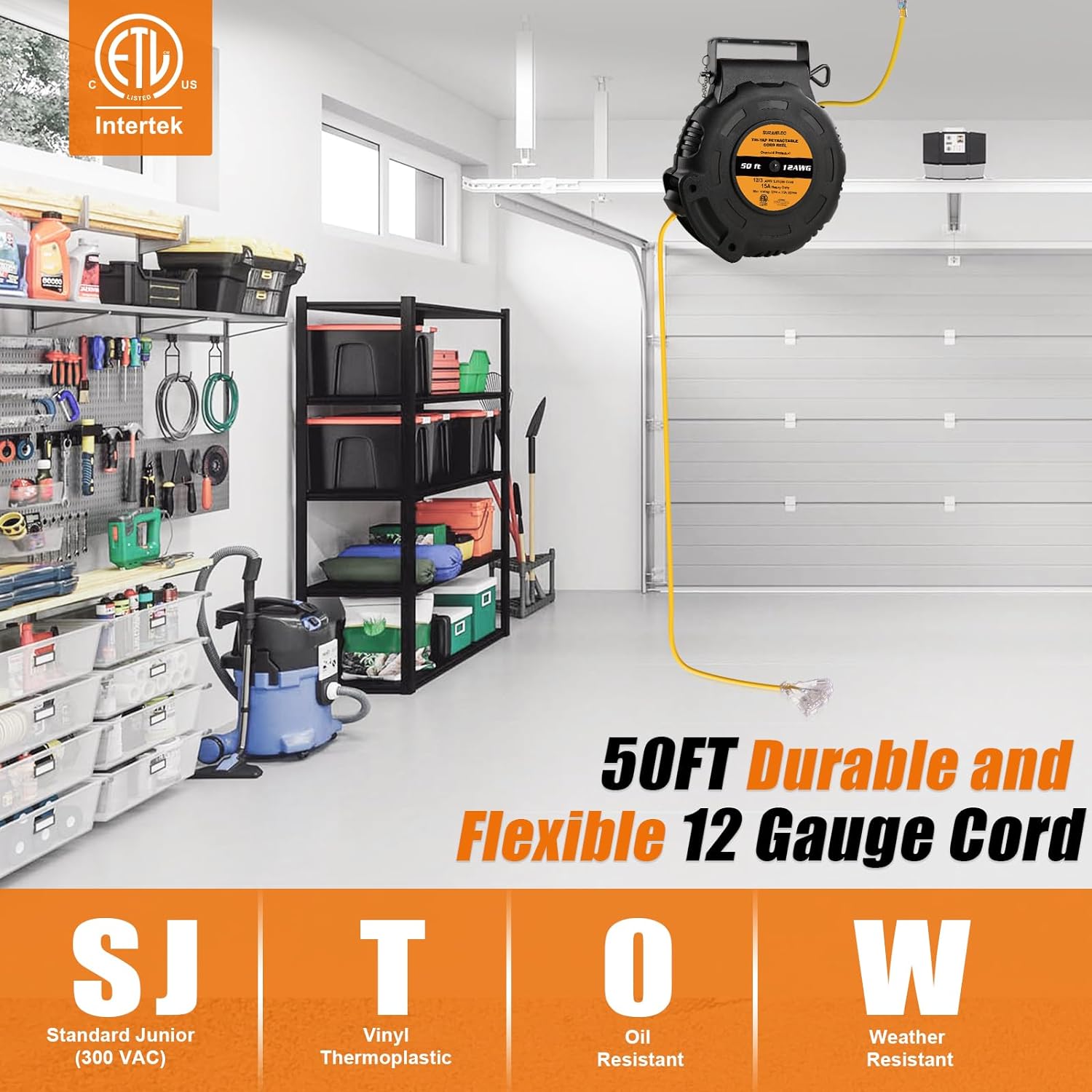 12 Gauge Retractable Extension Cord Reel 50 FT 12 AWG 3C SJTOW Heavy Duty with 3 Outlets 15 AMP Circuit Breaker Ceiling Wall Mount ETL Listed