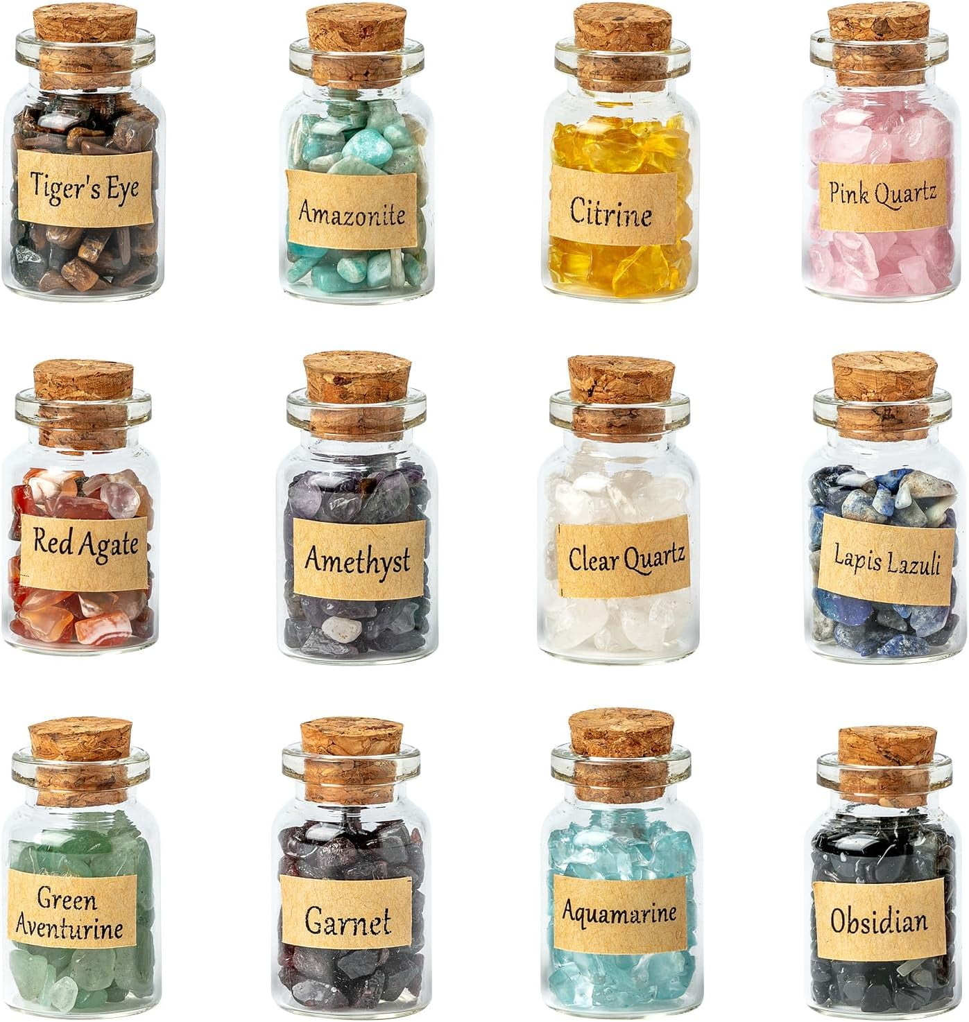9 Mini Gemstone Bottle Set With Healing Crystals: Amethyst, Rose Quartz, Clear Quartz & More | Reiki, Wiccan & Chakra Supplies