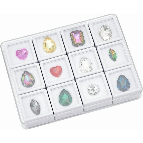 12 Gemstone Boxes with Case 1x1 inch Square Gem Holder Display Box Storage Box Diamond Display Case Gems Organizer with Foam for Collectibles Rhinestone Stone White