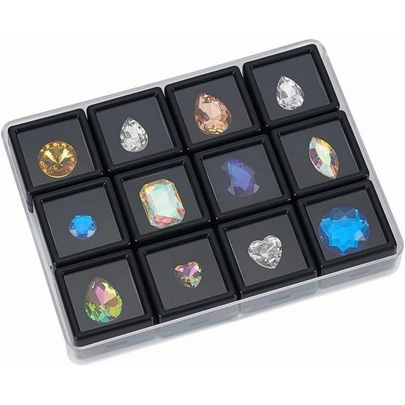 12 Gemstone Boxes with Case 1x1 inch Square Gem Holder Plastic Display Box Storage Box Diamond Display Case Gems Organizer with Foam for Collectibles Rhinestone Stone Black
