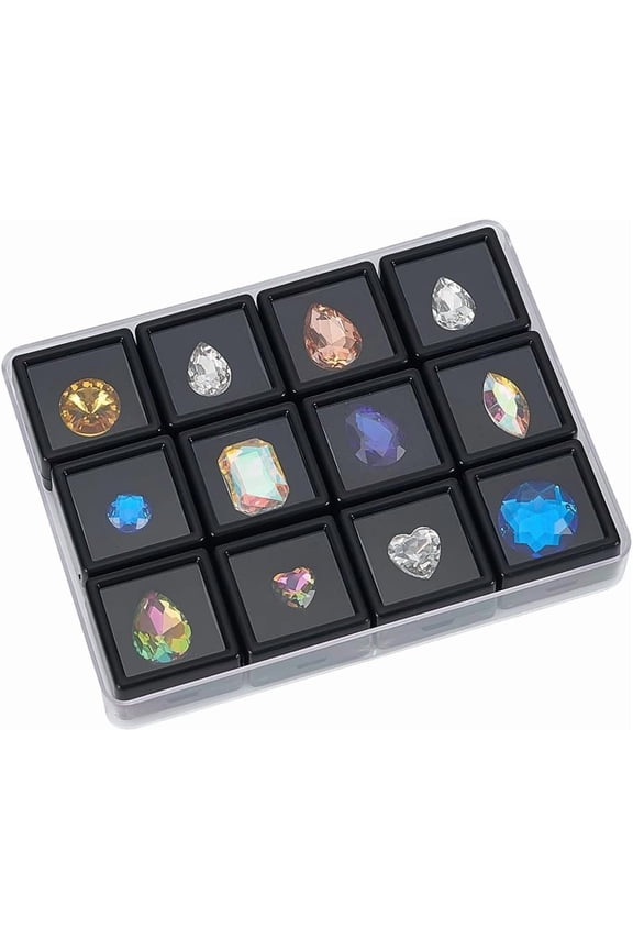 12 Gemstone Boxes with Case 1x1 inch Square Gem Holder Plastic Display Box Storage Box Diamond Display Case Gems Organizer with Foam for Collectibles Rhinestone Stone Black