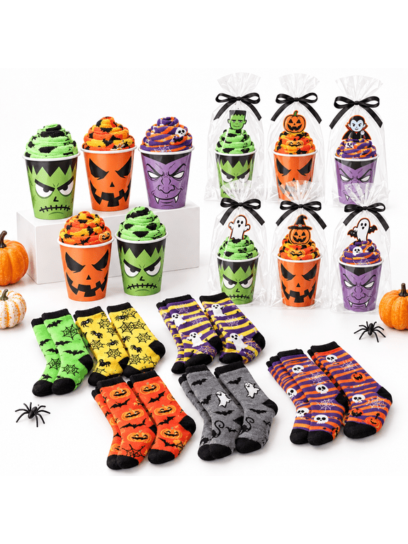 12-Ghost 12-Pair Fuzzy Crew Socks with Cupcake Gift Wrap Set