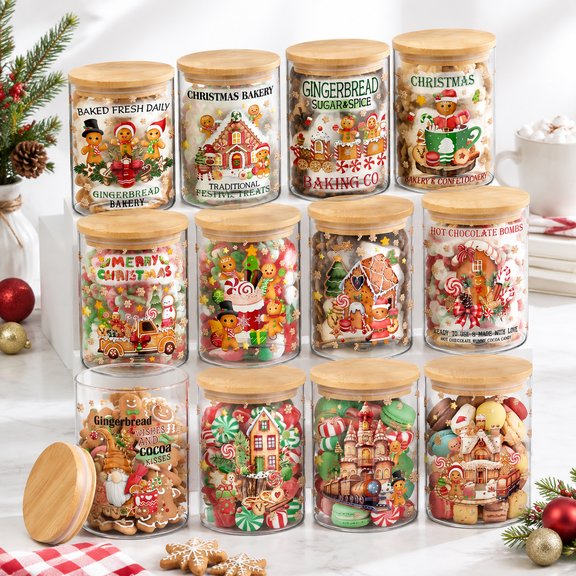 12 Gingerbread Christmas Glass Food Storage Jars with Wood Lids, 19oz Canister Set for Kitchen and Holiday Decor