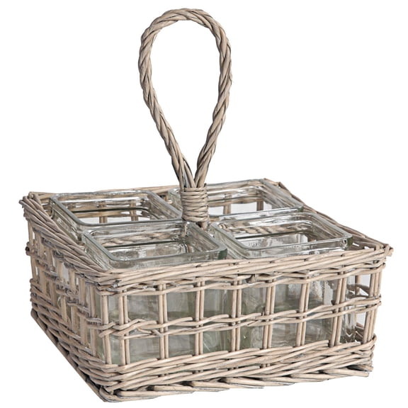 12" Glass Candle Holders in Willow Basket-Color:Natural,Style:Classic Vintage