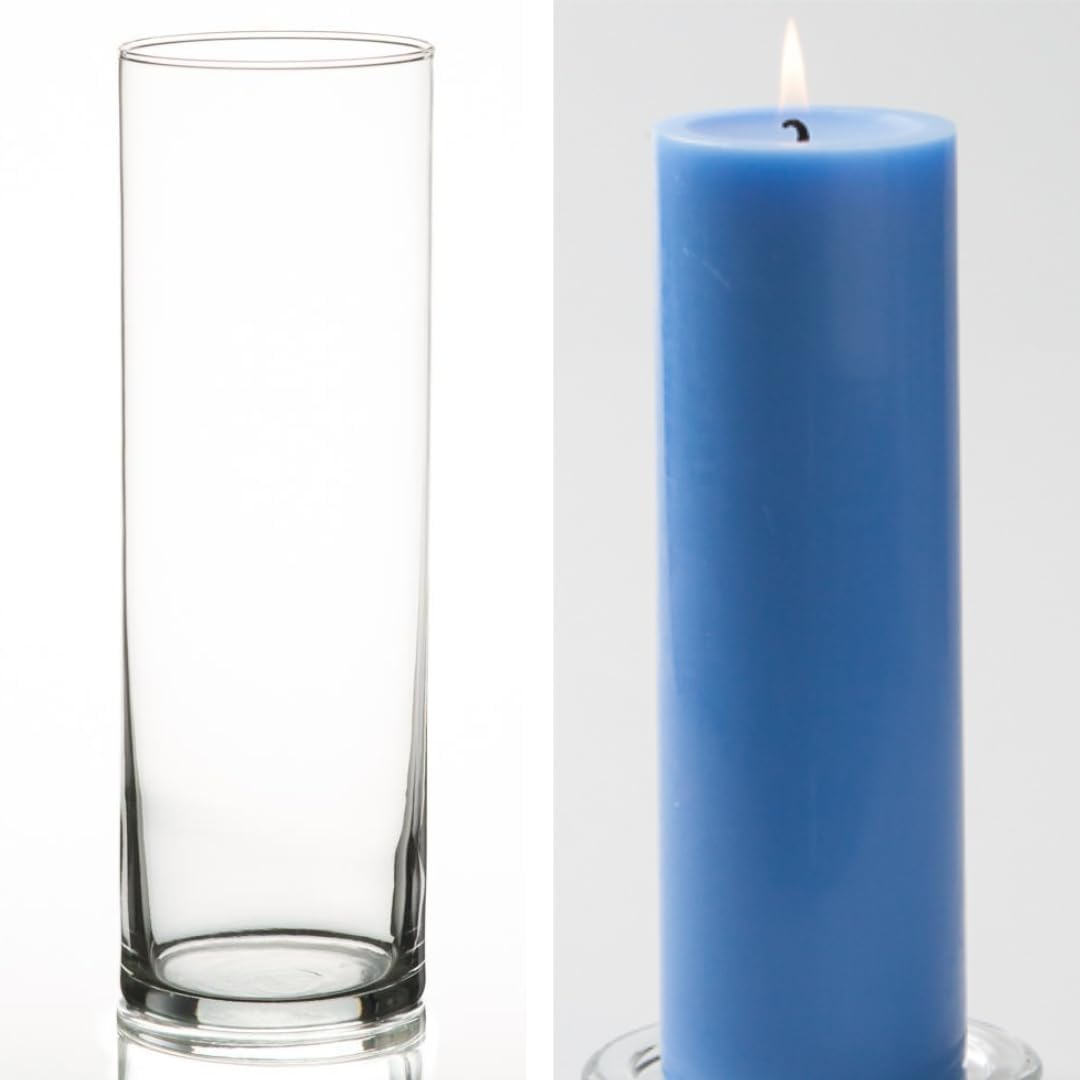 12 Eastland Glass Cylinder Vases 10.5" And 12 Light Blue Pillar Candles