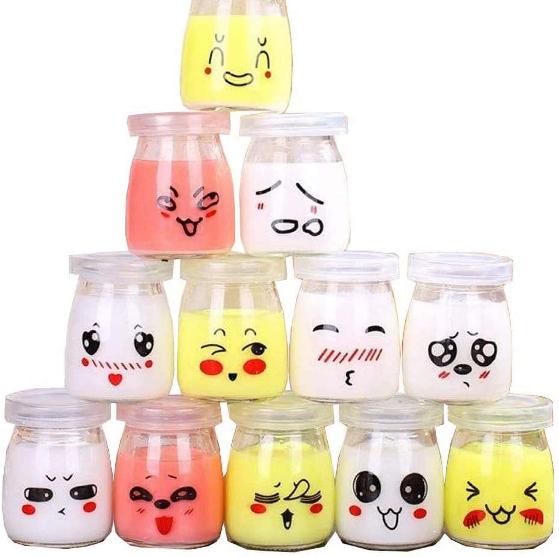 12 Glass Yogurt Pots with Different Emoticon Decor Lids, Dessert Cream ...